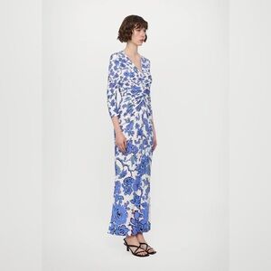 NEW DVF Alba China Vine Degrade Blue White Floral Ruched Midi Maxi Dress Bump L